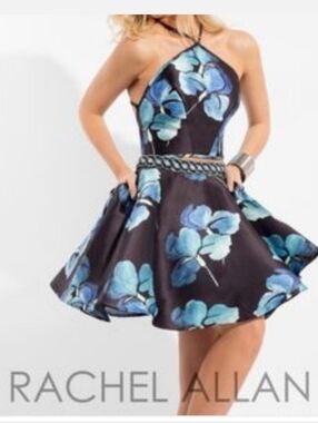Rachel Allan Black Halter Skater Dress with Blue Floral Print Rhinestone Size 10